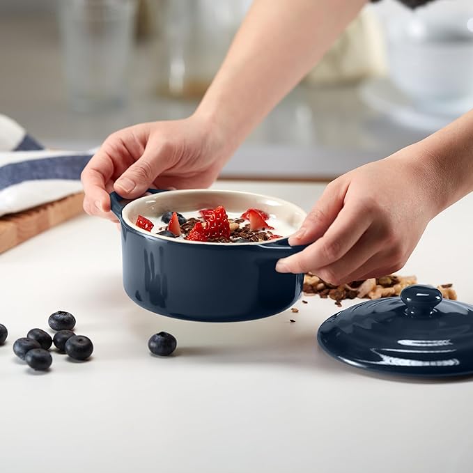 Kook Ceramic Mini Cocotte Set, Small Casserole Dishes with Lids and Handles, Individual Baking Ramekins, Oven safe 500F, Microwave & Dishwasher Safe, Stoneware, 12 oz, Set of 4, (Navy)