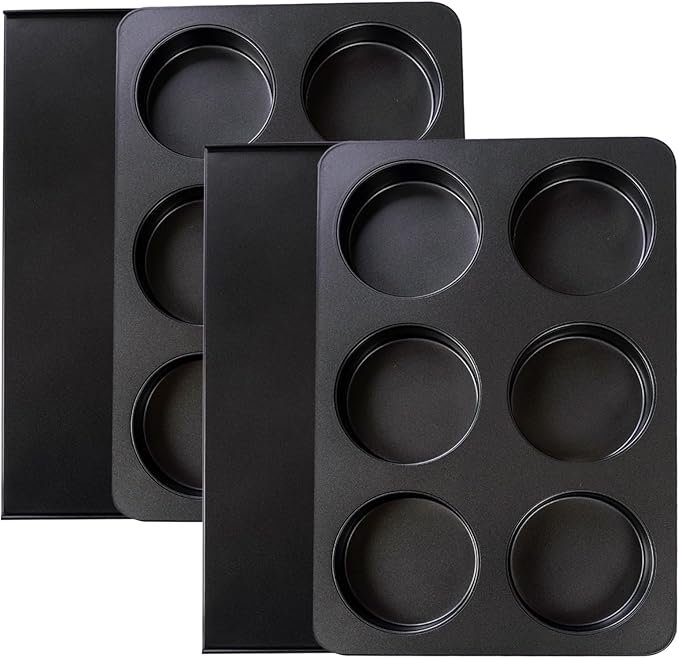 2 Pcs Muffin Top Pan with Lid, 3.6 Inch Non-Stick 6 Cup Straight Muffin Pan Cupcake Pan, Hamburger Bun Pan for Baking Egg Sandwich Frittata Cinnamon Roll