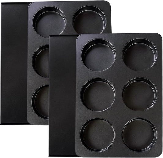 2 Pcs Muffin Top Pan with Lid, 3.6 Inch Non-Stick 6 Cup Straight Muffin Pan Cupcake Pan, Hamburger Bun Pan for Baking Egg Sandwich Frittata Cinnamon Roll