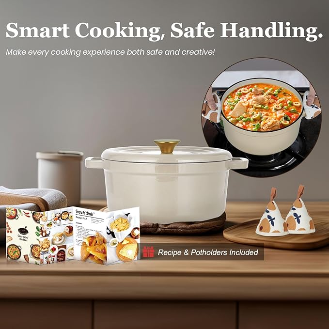 Overmont Enameled Cast Iron Dutch Oven - 5QT Pot with Lid Cookbook & Cotton Potholders - Heavy-Duty Cookware for Braising, Stews, Roasting, Bread Baking Cream white