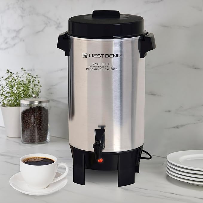 West Bend Coffee Urn Highly-Polished Aluminum Features Automatic Temperature Control with Cup Per Minute Brewing and Easy Clean Up Includes In-Basket Measuring Guide and Ready Light, 42-Cup, Silver