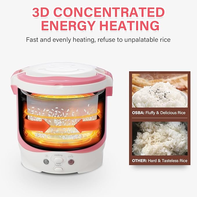 OSBA Small Rice Cooker,12v Portable Travel Rice Cooker For Car, Cooking Heating and Keeping Warm Function, Can be Used As a Electric Lunch Box (Pink)