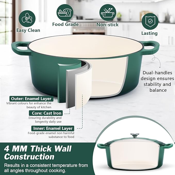 P&P CHEF Oval Dutch Oven with Lid, Enameled Cast Dutch Oven Pot for Bread Baking, Braising, Stewing, Roasting, Non-Stick & Oven Safe, Dual Handles & Easy Clean, 7QT & Dark Green, Valentine's Day