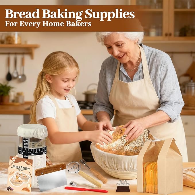 Sourdough Starter Kit,19PCS Banneton Bread Proofing Basket with Glass Sourdough Starter Jar, Sourdough Bread Baking Supplies, 9'' Round Bread Proofing Basket, for Bread Making Baking Fermentation