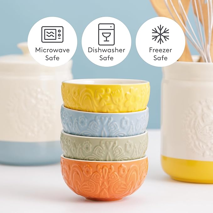 Mason Cash Home to Roost 200ml Preparation Bowls Set of 4 Stoneware Folk-Inspired Hen and Cockerel Style Multicolored Pinch Pots Dip & Dessert Dishes Dishwasher & Microwave Safe Kitchenware