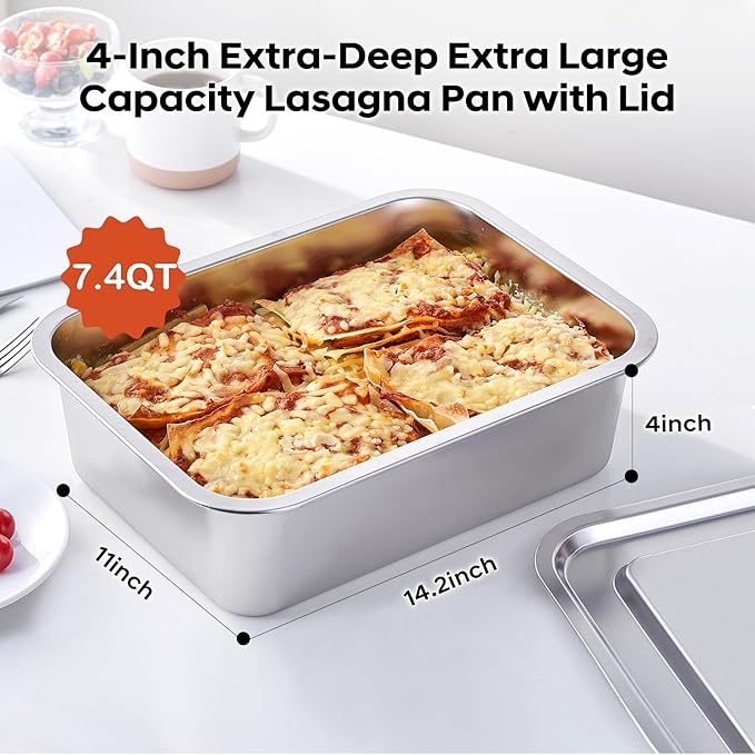 4-Piece 4 Inch Extra Deep Lasagna Baking Pan with Lid, 11x14 Inch 7.4QT Large Stainless Steel Nonstick Lasagna Baking Roasting Pans Casserole Dishes for Oven with Lids(M, 2 Pack)