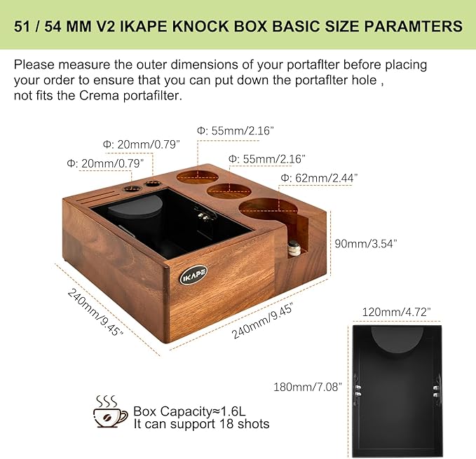 IKAPE V2 Espresso Knock Box, Espresso Coffee Organizer Box Fit for Storage 51mm 53/54mm 58mm Espresso Tamper, Distributor, Portafilter & Puck Screen Accessories, Natural Walnut Station Base (8 IN One)