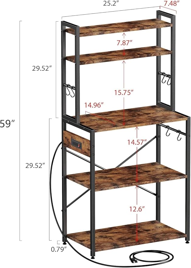 Luckyeestar Kitchen Baker’sRack Coffee Bar - Metal Storage Shelf for Microwave, Spice Organizer, Freestanding Kitchen Cart with Hooks,25 inch with Power Outlet