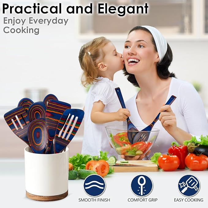 Wooden Spoons for Cooking, Pakkawood Kitchen Utensil Set Spectrum Color, Premium Durable Wooden Utensils for Nonstick Cookware, Heat Resistant, Smooth Finish, Comfortable Grip, 7 Piece
