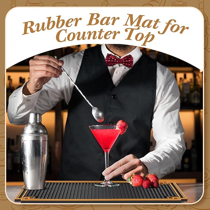 2 Pcs 24 x 4 Inch Bar Mat Non Slip Rubber Mat with Gold Border Durable Stylish Spill Cocktail Service Coffee Mats for Restaurants Barbershop Clippers Bartending, Black