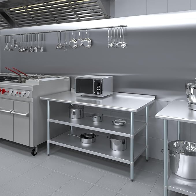 AmGood Stainless Steel Work Table with 1.5" Backsplash and 2 Shelves | Metal Kitchen Food Prep Table | NSF (60" Long x 30" Deep)