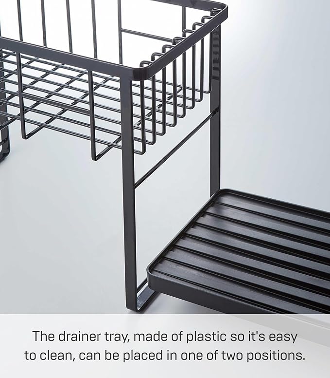 YAMAZAKI Home Tower Two-Tier Adjustable Dish Drainer Rack, Compact Drying Rack with Hooks, Utensils Holder - Steel -