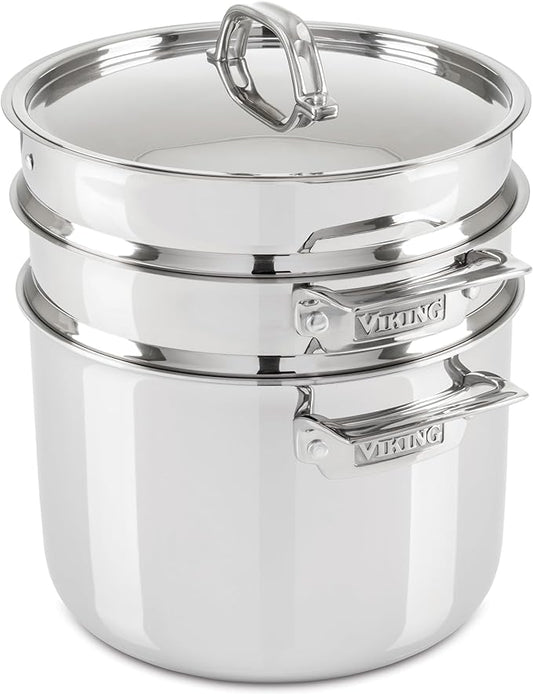 Viking 3-Ply Stainless Steel Pasta Pot with Lid, 8 Quart, 4 Piece Multipot Kitchen Cookware, Includes Pasta Insert and Steamer Basket, Dishwasher and Oven Safe, Induction Ready, Silver