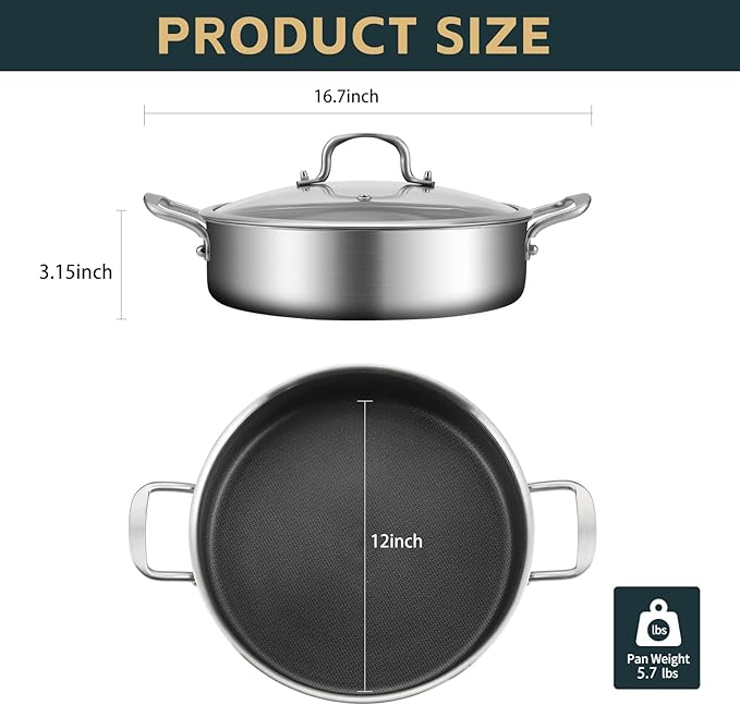 Tri-Ply Stainless Steel 6 Quarts Saute Pan, 12 Inch Nonstick Skillet with lids, Hybird Large Frying Pan,18/10 Chef's Cooking Pan, Induction Pan 12"", Dishwasher and Oven Safe, Silver