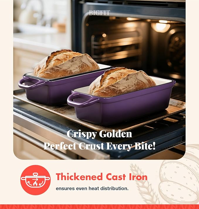 2 IN 1 Cast Iron Bread Loaf Pan with Lid, 3.4QT 9x5 Inch Dutch Oven for Bread Baking, Even Heating Bread Oven, Enameled Bread Pan for Homemade Sourdough Bread Baking & Versatile Cooking, Purple