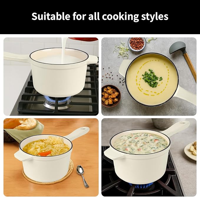 Enameled Cast Iron Sauce Pan with Lid, 1.7 Quart Saucepan with Lid, Small Dutch Oven Pot, Suitable for Small Portions of Soup, Sauces, Oatmeal, White
