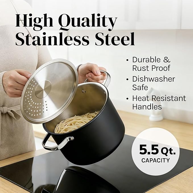 Pasta Pot with Strainer Lid - 5.5 Quart Large Spaghetti Pot - Twist & Lock for Easy Drain & No Colander Or Strainer Basket Insert Needed - Dishwasher Safe Pots