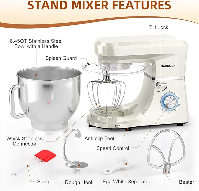 Dough Mixer 8.45 QT Electric Mixer - 660W 6 Speed Large Capacity Kitchen Stand Mixer with Whisk Dough Hook Mixing Beater Household Food Mixer for Baking Cakes Cookie Bread Salad(White)