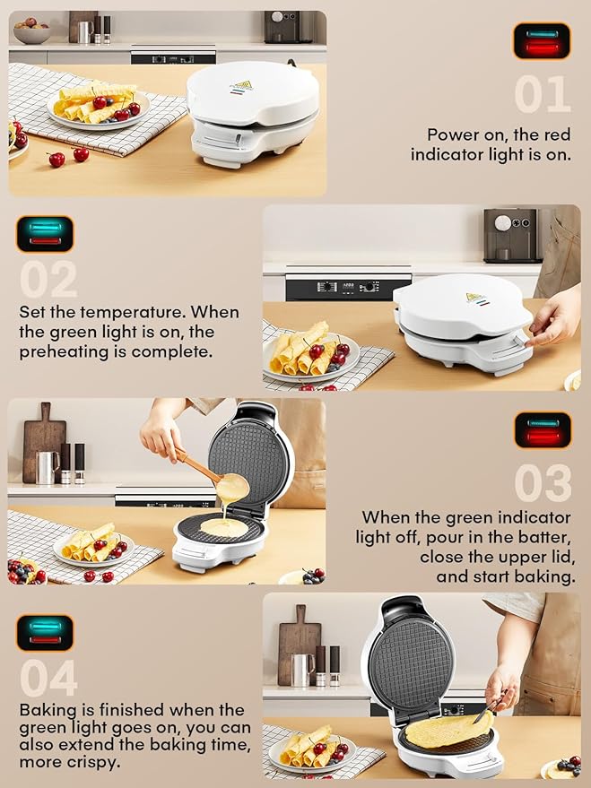 FOHERE Waffle Cone Maker Machine and Ice Cream Bowl Maker with Temperature Control, Double Side Nonstick Waffle Bowl Maker with Cone Roller, 7.5” Thin Waffle Maker for Home Kitchen (White)