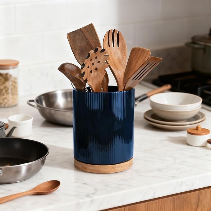 QUELIEN 360° Rotating Ceramic Utensil Crock - Large Kitchen Counter Organizer with Cork Base, Elegant Home Decor for Cooking Tools, Housewarming,Mothers Day & Christmas Gift Ideas (Blue)