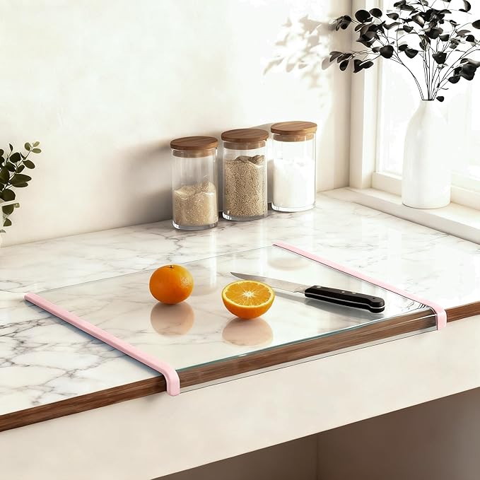 New & Improved Clear Tempered Glass Cutting Board for kitchen with Counter Lip, Large Cutting Board, Glass Chopping Board, Scratch-Resistant, Non-Slip (Pink)