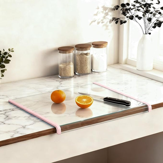New & Improved Clear Tempered Glass Cutting Board for kitchen with Counter Lip, Large Cutting Board, Glass Chopping Board, Scratch-Resistant, Non-Slip (Pink)