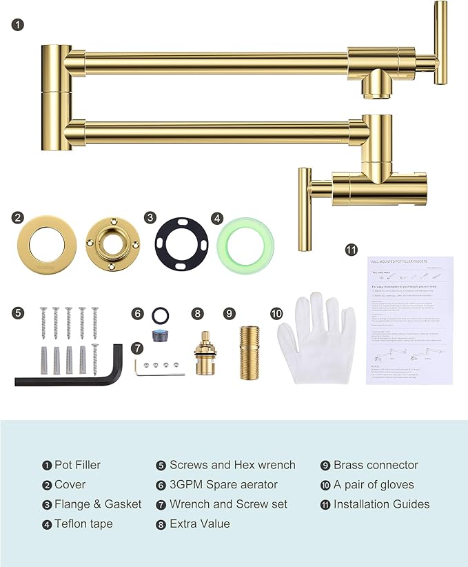 WOWOW Pot Filler Faucet Polished Brass, Kitchen Pot Filler Wall Mount Stove Faucet with Double Joint Swing Arms