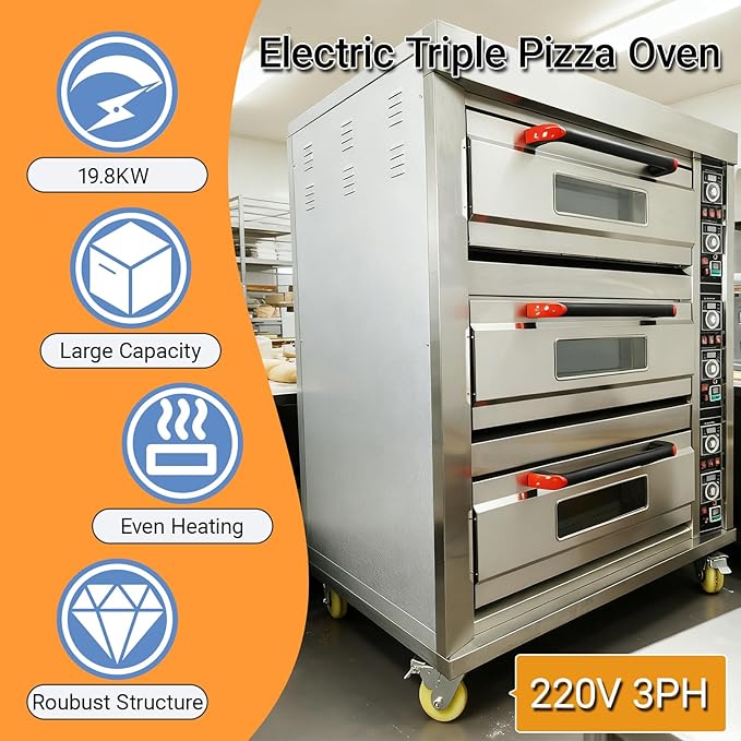 Commercial Electric Pizza Oven 3 Layers Movable Large Triple Baking Oven 19.8KW, 6 Baking Sheets, 20℃-400℃ Stainless Steel,for Restaurants, Bakeries, Pizza, Bread, Meat 220V 3PH