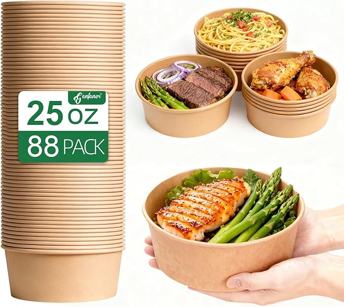 88 Pk 25 oz Disposable Kraft Paper Round Bowls【No Lid】, Microwave Deli Containers Leakproof, Salad Dressing Container for Lunch, Sturdy for Soup Toppings Snack Camping Family