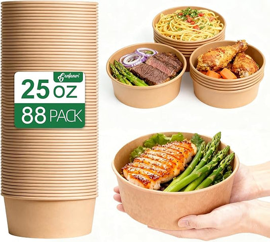 88 Pk 25 oz Disposable Kraft Paper Round Bowls【No Lid】, Microwave Deli Containers Leakproof, Salad Dressing Container for Lunch, Sturdy for Soup Toppings Snack Camping Family
