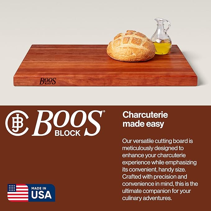John Boos R-Board Series Rectangular Wooden Cherry Cutting Board 24”x18” – 1.5” Thick, 13.5-lb Reversible Butcher Block with Edge-Grain & Finger Grips – Made in the USA