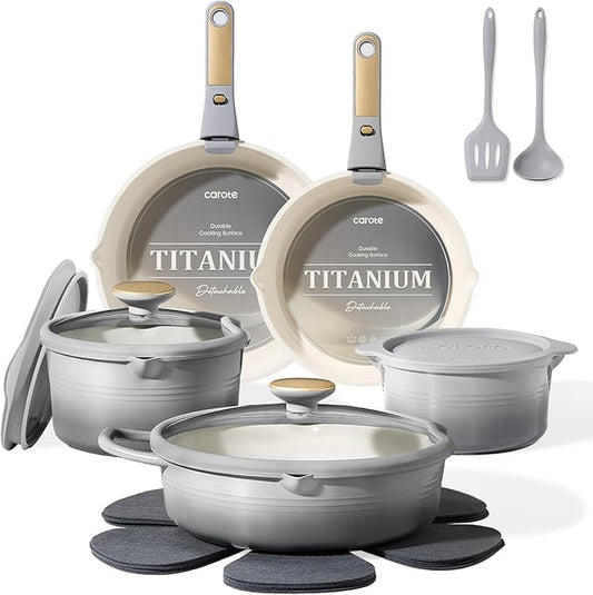 CAROTE 17Pcs Titanium Cookware Set, Pots and Pans Set Non Stick, Kitchen Cooking Set with Detachable Handle, Non Toxic Induction Cookware, Dishwasher/Oven Safe