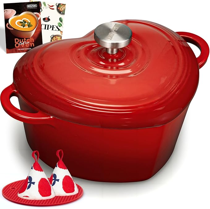 Overmont Enameled Cast Iron Dutch Oven - Heart-Shaped Pot with Lid Cookbook & Cotton Pot Holders - Mini Cookware Oven Safe to 500°F for Bread Baking Soups Stews - Great Gift for Wedding Birthday Housewarming 2QT Red