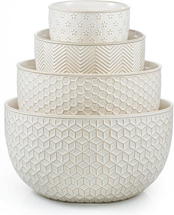 Ceramic Mixing Bowls, Embossed Nesting Bowls Set of 4, Mixing Bowl Set for Serving, Baking, Cooking and Gift, Microwave and Dishwasher Safe, 20/47/99/148 oz, Off-White