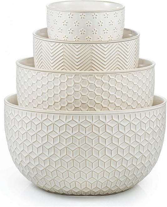 Ceramic Mixing Bowls, Embossed Nesting Bowls Set of 4, Mixing Bowl Set for Serving, Baking, Cooking and Gift, Microwave and Dishwasher Safe, 20/47/99/148 oz, Off-White