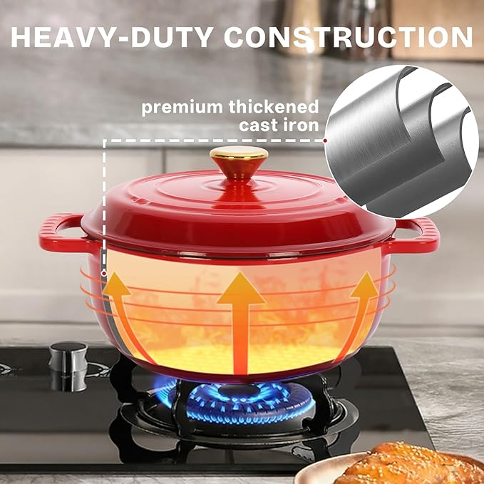 ROVSUN 5 Quart Enameled Cast Iron Dutch Oven with Lid, Dual Handles, Oven Safe up to 500°F or on Stovetop, Compatible for Braising, Stews, Roasting, Bread Baking-Red