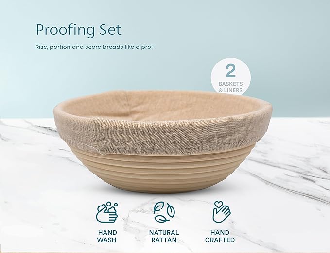 Kook Banneton Bread Proofing Set, Artisan Sourdough Bread Making Kit, 9 Inch Handwoven Rattan Baskets and Liners, Metal & Plastic Dough Scrapers, Scoring Lame & Case, 4 Extra Blades, Set of 2, Round