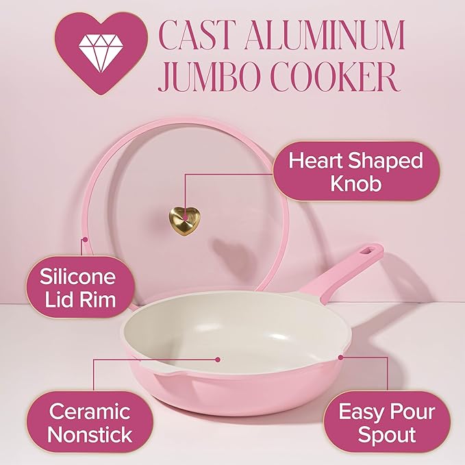 Paris Hilton Jumbo Sauté Pan with Lid, Cast Aluminum Cookware with Ceramic Nonstick Coating Made Without PFAS, PFOA, PFOS & PTFE, 4-Quart, Pink