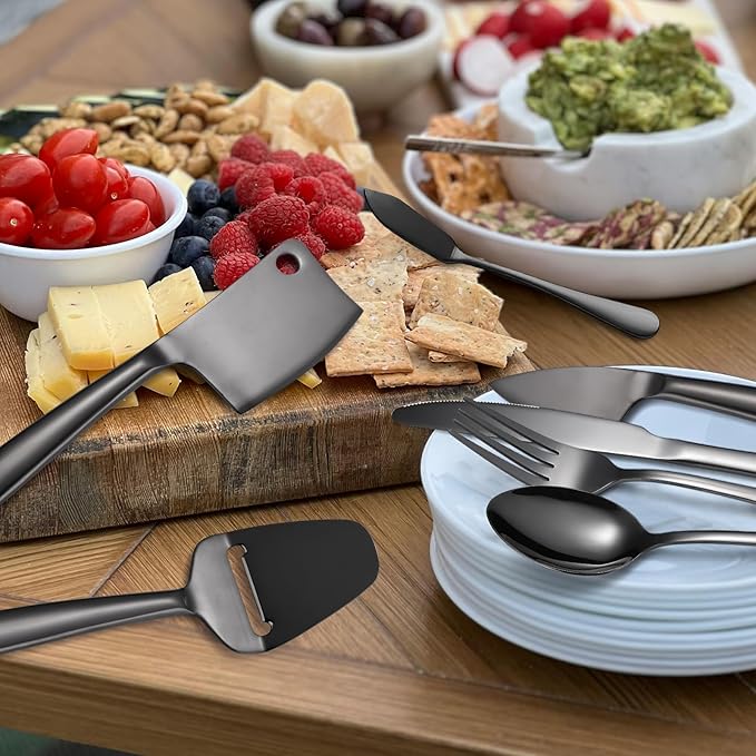 Black Cheese Knives Set with Dinning Knife Fork Spoon8 Pieces Stainless Steel Utensils Multifunctional Kitchen Gadget Baking Cooking Tool