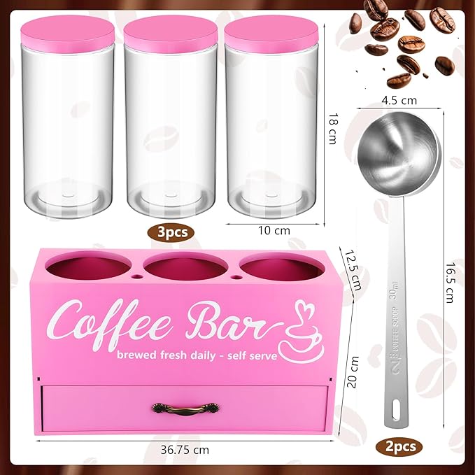 3 Pcs Coffee Bar Containers Set Include Coffee Sugar Container with Lid and Spoon and Double Layer Storage Box with Drawer for Bar Kitchen Countertop (Pink)