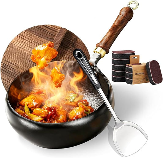 Uncoated Thick Iron Pot, Japanese Iron Pots for Cooking, Uncoating Cast Iron Pot, Hand Forged Iron Pan with Lid Stir Fry Wok Skillet, High Purity Frying Pans for Home Kitchen (Wooden Lid, 10.3in)