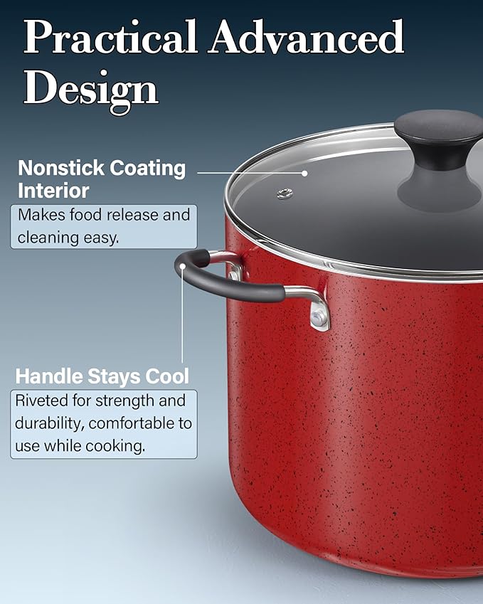 Cook N Home Nonstick Stockpot with Lid 8-Quarts, Professional Cooking Soup Pot, Canning Cookware, Marble Red