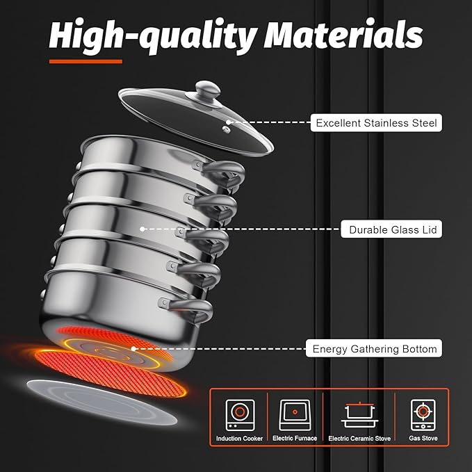 5-Tier Stainless Steel Steamer Pot 11.81 inches - Multi-Function Stackable Food Steamer with Glass Lid for Induction Gas Stove, Large Capacity for Vegetables Seafood Meat Dumplings