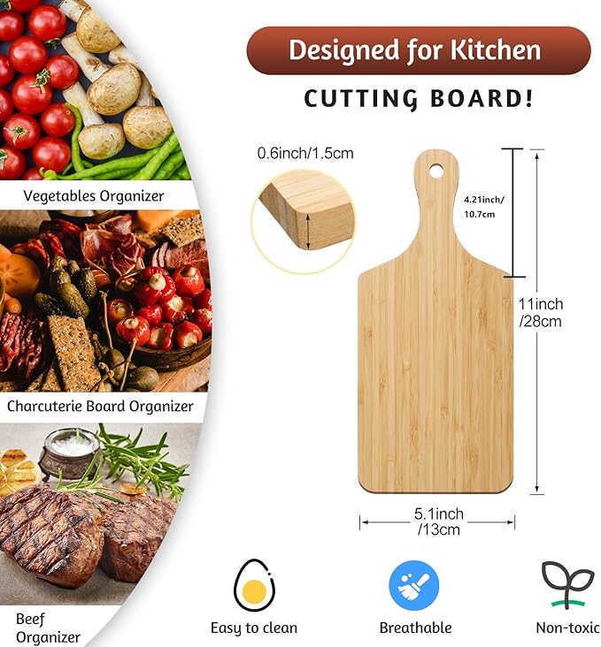 Patelai 12 Pcs Thicken Bamboo Cutting Board Bulk Wood Chopping Unfinished Crafts Serving Charcuterie Boards for DIY Wedding Housewarming Gift(Handle)