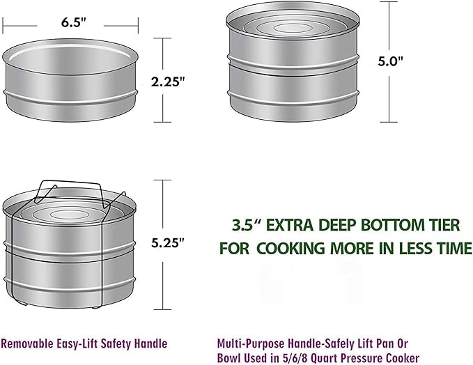Ecozoi Premium Stackable Steamer Insert Pans Pot in Pot for Smaller Instant Pot 3, 5, 6, & 8 Quart Instant Pot Accessories - 2 Tier