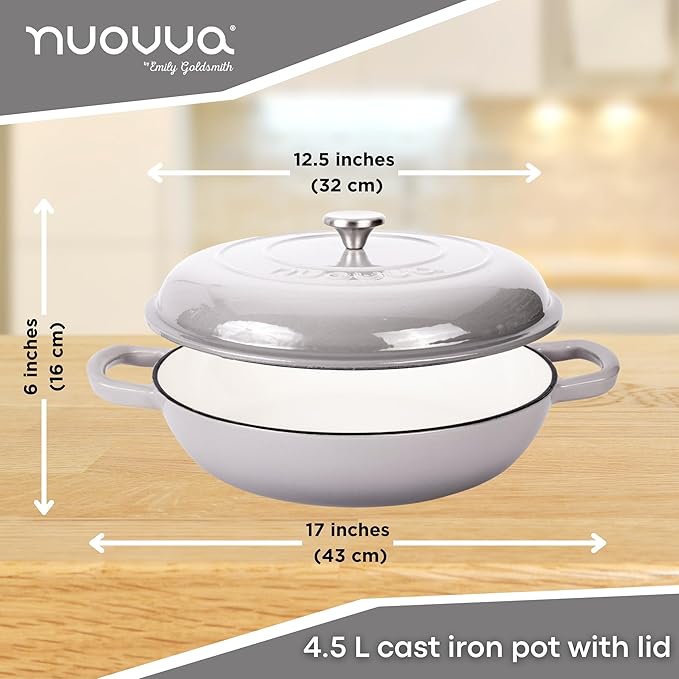 Shallow Cast Iron Casserole with Lid – Non Stick Dutch Oven Pot, Oven Safe up to 500° F – Sturdy Ovenproof Stockpot Cookware – Enamelled Cooking Pot – Grey, 5-Quart, 32cm – by Nuovva