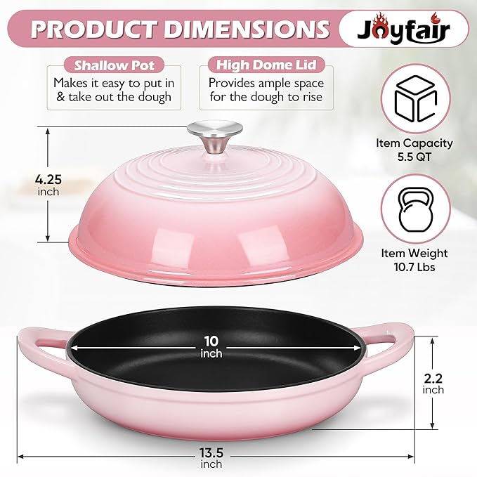 Bread Dutch Oven for Sourdough Baking (5.5 QT), Joyfair Enameled Cast Iron Dutch Oven Pot with Lid, Sourdough Bread Pan with Heavy Duty Dual Handles, Non-Stick & Even Heat, Oven-safe up to 500°F, Pink