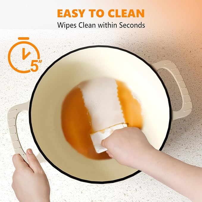 ROVSUN Enameled Cast Iron Round Dutch Oven, 7.5QT Pot with Lid &Dual Handles with Silicone Gloves,Oven Safe up to 500°F, Heavy-Duty Pre-Seasoned Cookware for Bread Baking, Braising, Stews, Roasting,Cream White