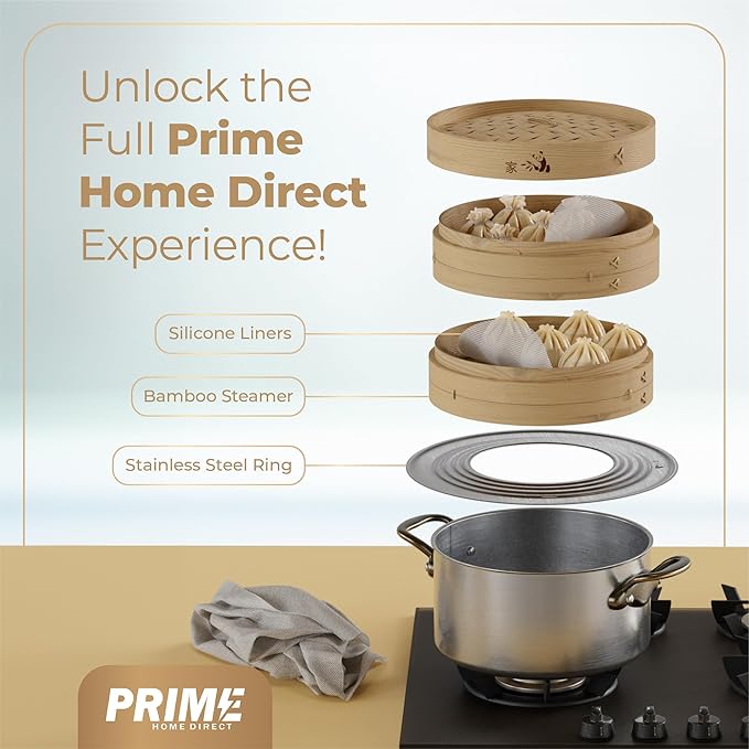 Prime Home Direct Bamboo Steamer Basket 12-Inch | 2-Tier Steamer for Cooking | 50 Liners, Chopsticks, Sauce Dish | Steaming Asian Food, Bao Buns, Chinese, Dim Sum, Dumpling, Rice, Vegetable Steam Pot