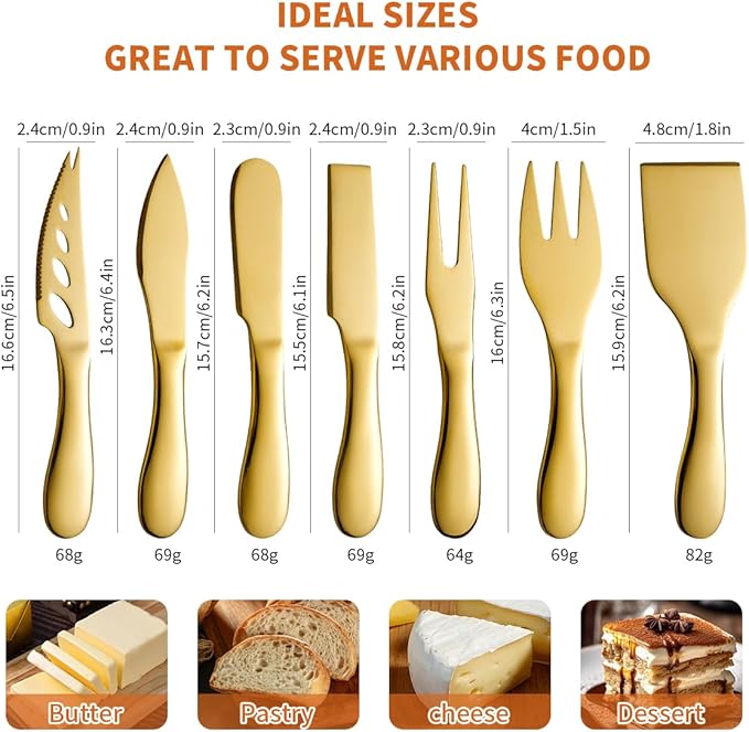 Gold Butter Knives Set 7 Pieces Stainless Steel Kitchen Utensils Gadgets includeButter Knife,Cheese Spreader,Cheese Forks, Cheese Slicer,Cheese Cutter,Cheese Knife,